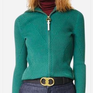 •TORY BURCH• Noland Striped ZipUp Ribbed Sweater
